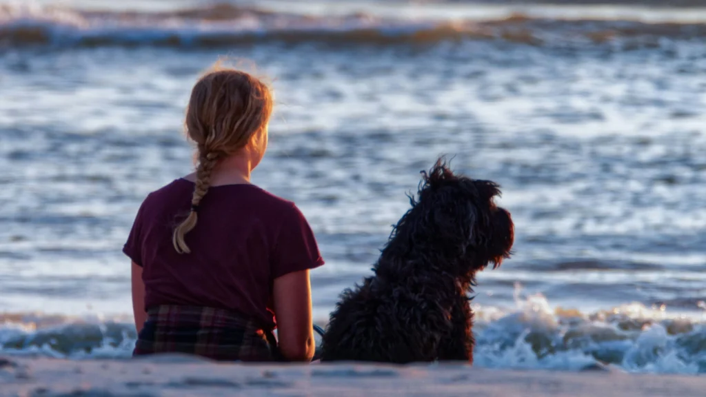 Eine Frau mit Zopf und schwarzem T-Shirt sitzt im Gegenlicht mit ihrem schwarzen Hund mit dem Rücken zur Kamera am Strand. Beide blickenn aufs bewegte Meer.