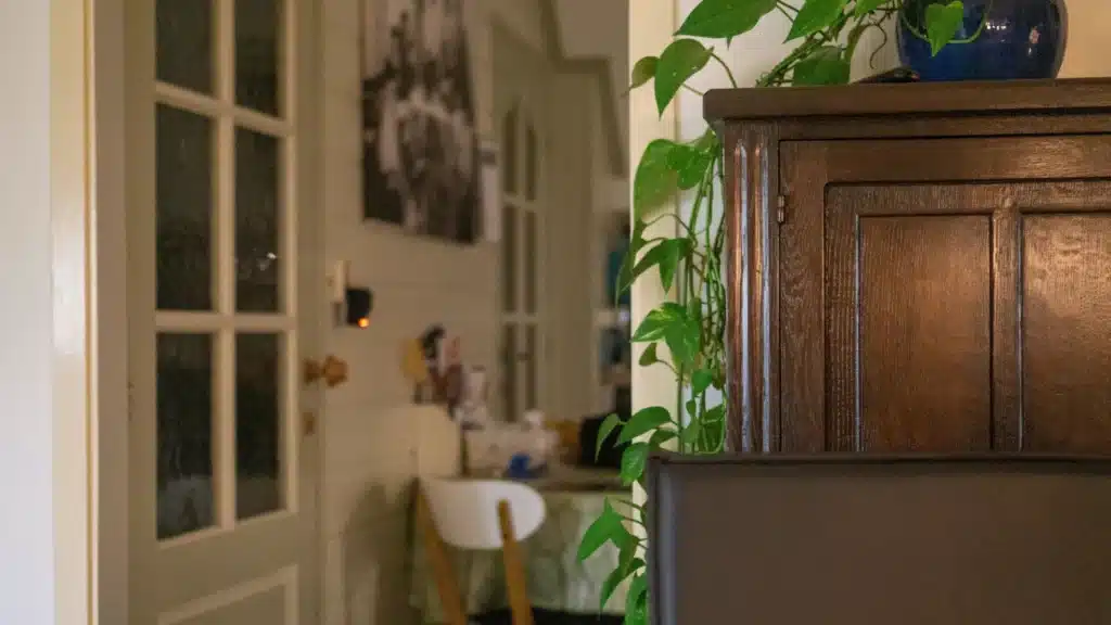 Im Vordergrund steht eine altertümliche braune Kommode, auf ihr eine Grünpflanze. Durch die geöffnete weiße Tür links daneben ist ein weiß geestrichener Raum mit Bildern an den Wänden, einem Tisch und einer weiteren Tür zu sehen.