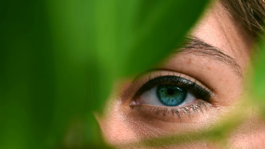 Das Auge einer Frau blickt durch die Lücke im Blatt einer Monstera.