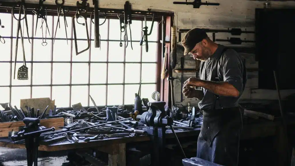 Ein Mann ssteht in einer Metallwektstatt und bearbeitet ein Werkstück mit seinen Händen. Er trägt eine braune Mütze, ein dunkles Hemd und eine Schürze. Auf der Werkbank vor dem Fenster im Hintergrund befinden sich Schraubstöcke und Werkzeuge. Weitere hängen von der Decke darüber.