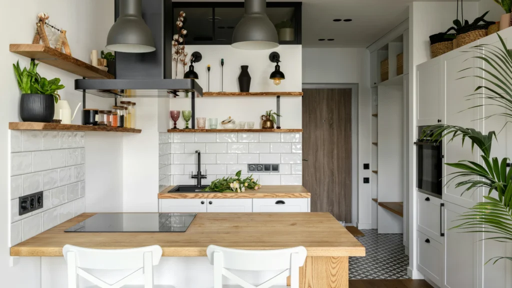 Die Küche einer kleinen Wohnung. Rechts hinten ist die Eingangstür zu sehen, links daneben liegt wohl das Bad. An dessen Rückwand befindet sich ein Unterschrank mit Spüle, darüber Regalböden. Zur Kamera hin steht ein weiterer Küchenblock mit Herd, daran stehen Barhocker. Über der Küchenbar hängen schwarze Lampen. Rechts an der Wamd, neben dem Durchgang, befinden sich Hochschränke und der Backofen.