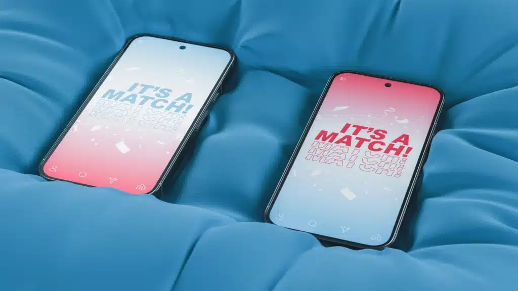 Zwei Smartphones liegen nebeneinander auf einer blauen Decke. Auf ihrem Dispaly steht jeweils "It's a match!"