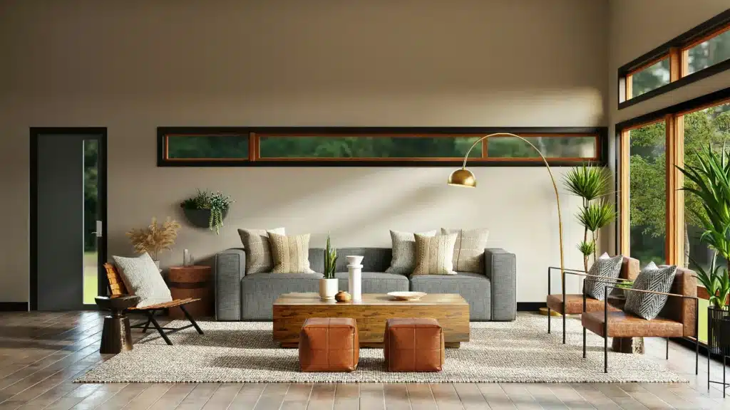 In einem großzügigen, modernen Wohnzimmer stehen ein Sofa, mehrere Sessel, Hocker, Grünpflanten und eine Stehlampe um einen niedrigen Tisch auf einem Teppich.