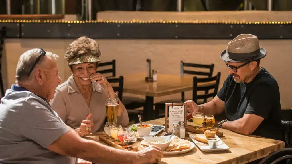 Zwei Männer und eine Frau sitzen um einen Tisch eines Restaurants, auf dem Speisen und Getränke stehen. Sie lächeln und sind anscheidend in einer regen Unterhaltung.