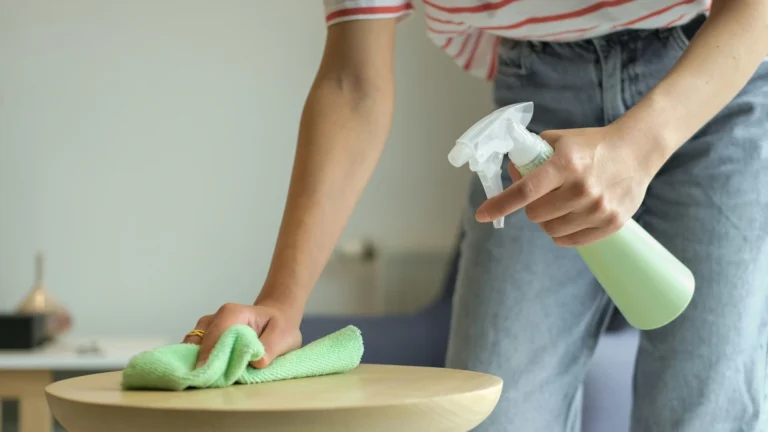 Eine Frau in rot-weiß-gestreifter Bluse und Blue Jeans hält in der linken Hand einen Sprüher, in der rechten einen Lappen, mit dem sie einen hölzernen Hocker putzt.