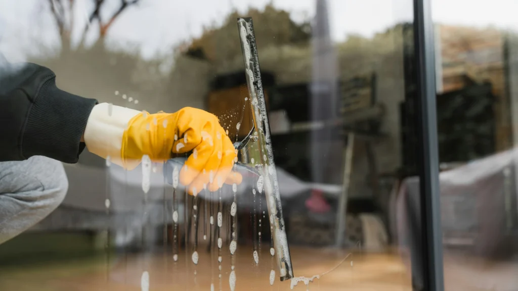 Ein gelb behandschuhter Arm führt einen Wischer über eine Fensterscheibe, an der Putzwasser hinabläuft.