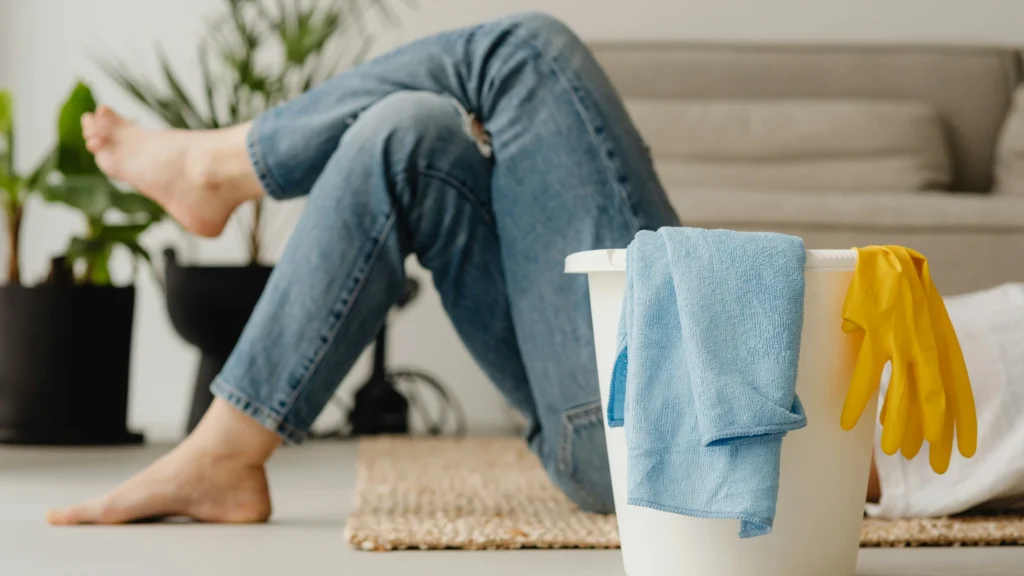 Ein Mensch liegt mit angewinkelten Beinen vor dem Sofa auf einem Teppich. Neben ihm steht im Bildvordergrund ein Putzeimer, über dem Lappen und Handschuhe hängen.