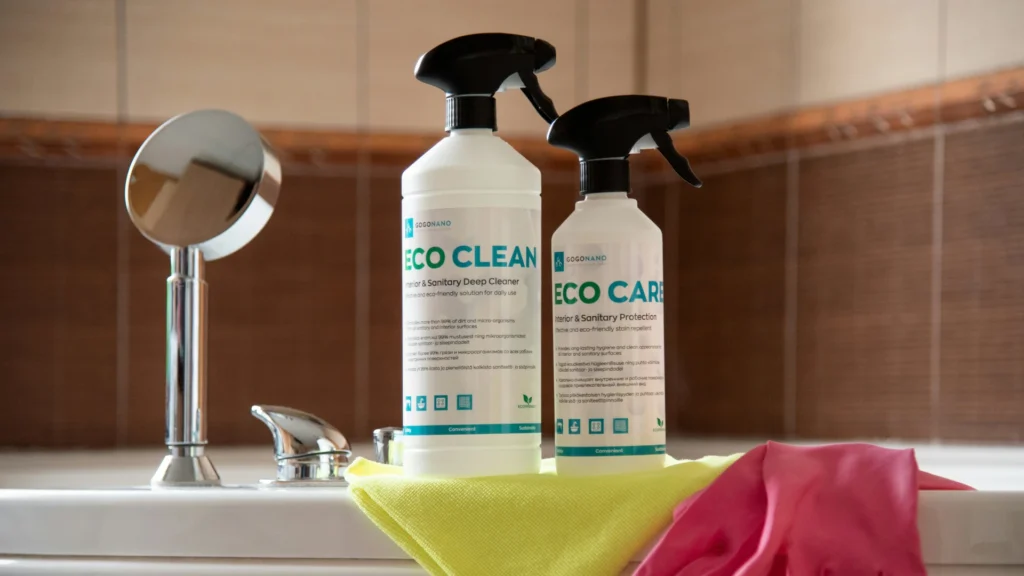 Auf dem Rand einer Badewanne finden sich zwei Sprühflaschen mit Reiniger, ein Paar Handschuhe und ein Mikrofasertuch.