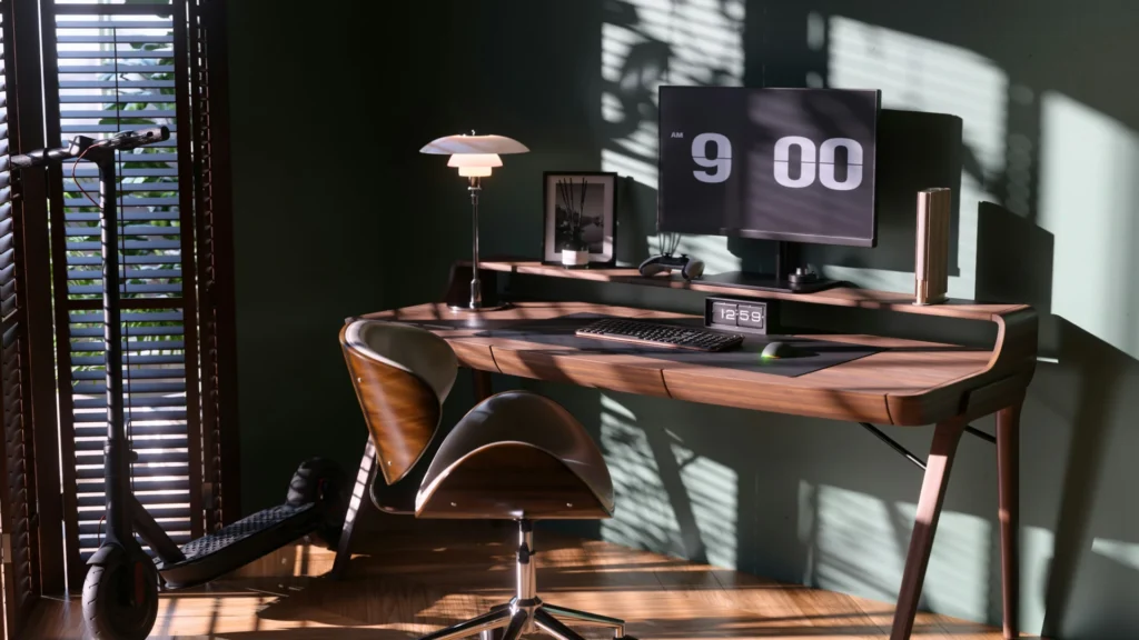 Ein Home Office. Auf dem hölzernen Sekretär stehen Tastatur und Bildschirm, davor ein hölzerner Bürostuhl, daneben ein Scooter. Durch die Jalousien vor dem Fenster links fällt gedämpftes Licht im Streifen.