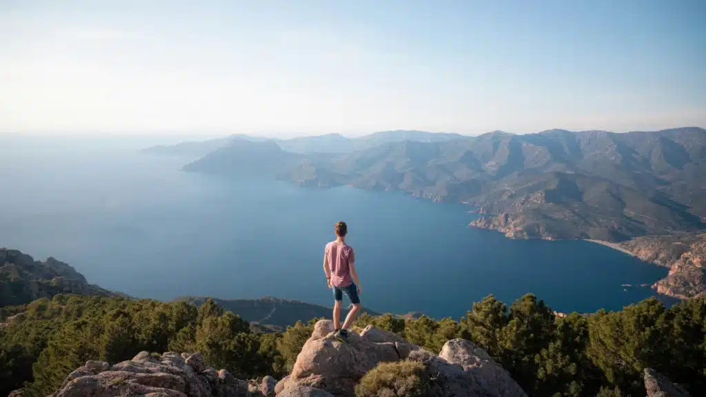 Ein Mann steht mit dem Rücken zur Kamera auf einem Berggipfel. Er blickt über bewaldete Hänge auf einen See, der im Gegenlicht liegt.
